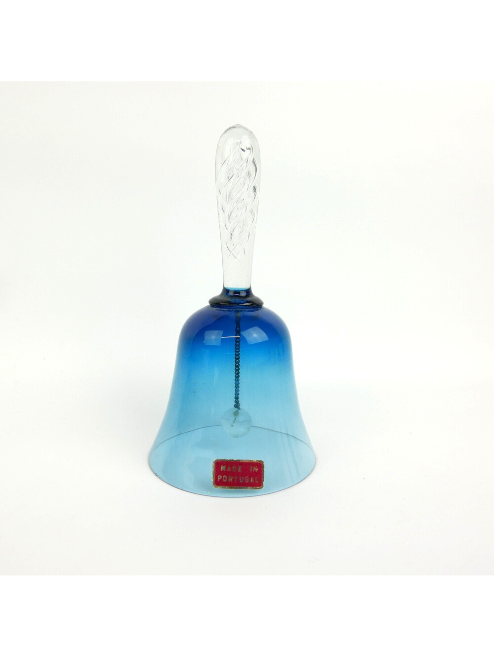 Vintage Ombre Cobalt Blue Art Glass Bell Clear Spiral Twist Handle Portugal 5.9"